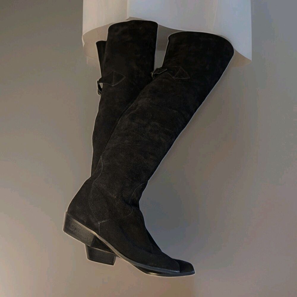 Vintage Black Suede Over The Knee Boots Made In Spain Thigh High Flat 7M